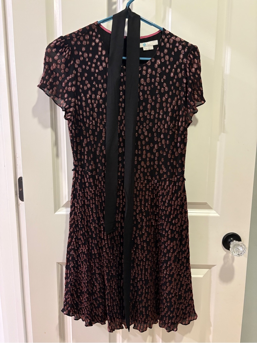 Boden Black Dress with Pink Leaf Print and Neck Tie